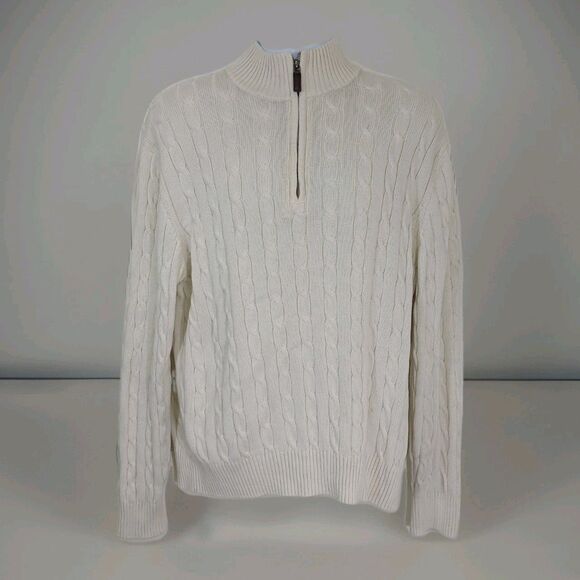 Cremieux Classics Men's L 1/4 Zip Cream Pullover Cable Knit Sweater Grandpacore - Picture 2 of 13
